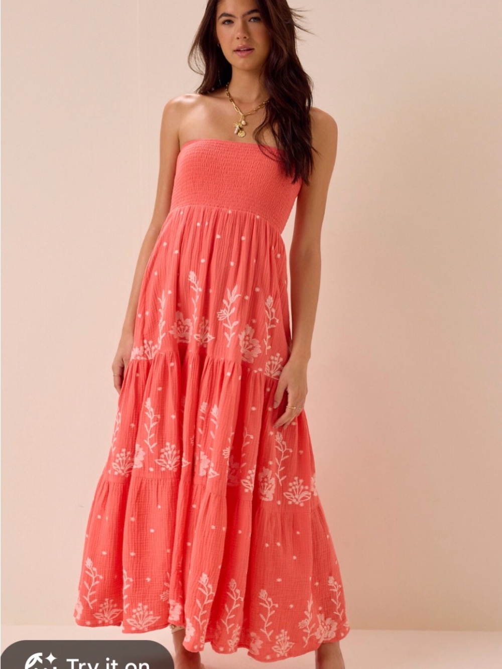 Altar'd State Coral Strapless Smocked Tiered Maxi Dress